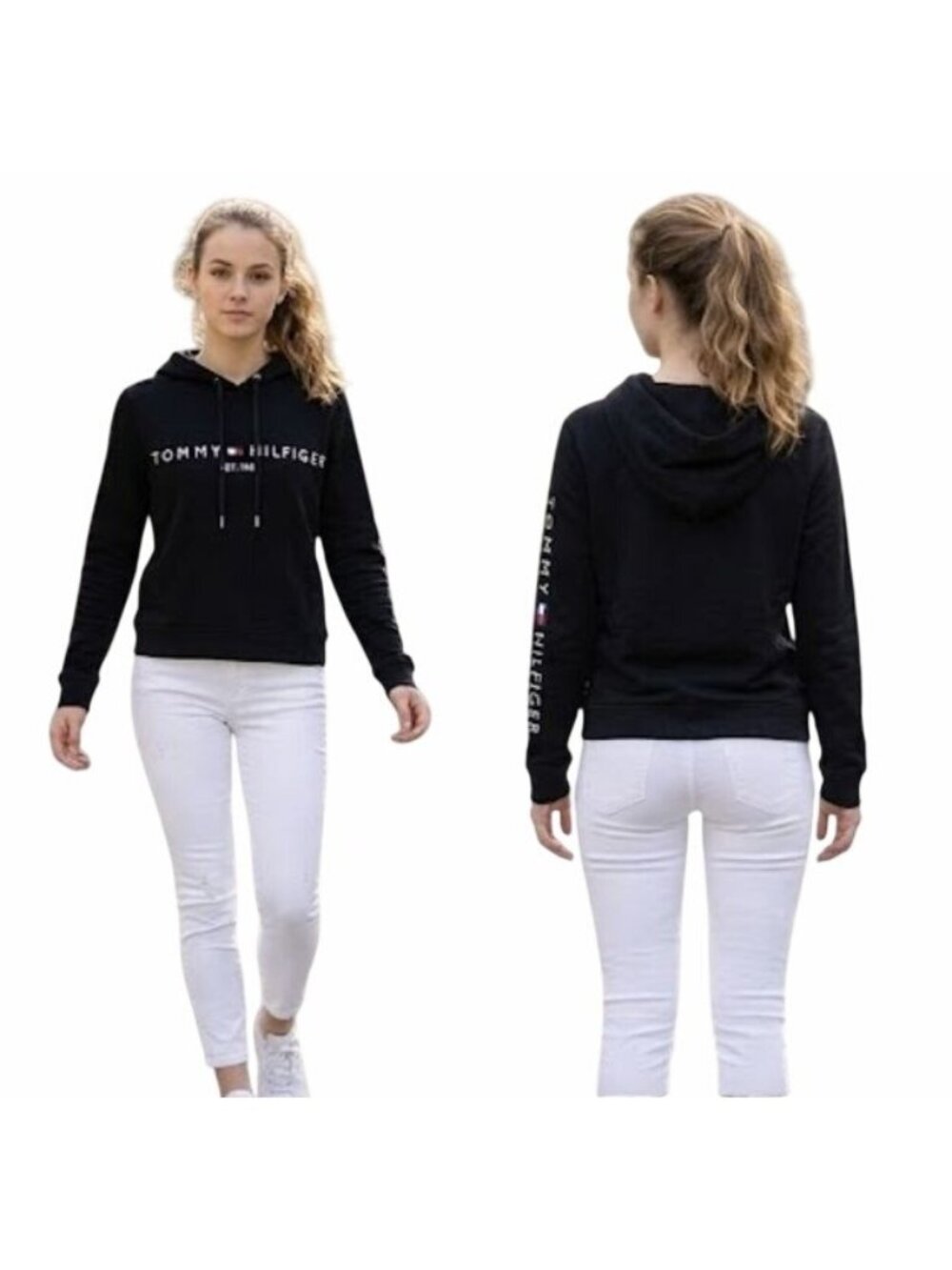 Tommy Hilfiger Women's Hoodie Sweatshirt XS Black Pullover Logo Cotton Est. 1985